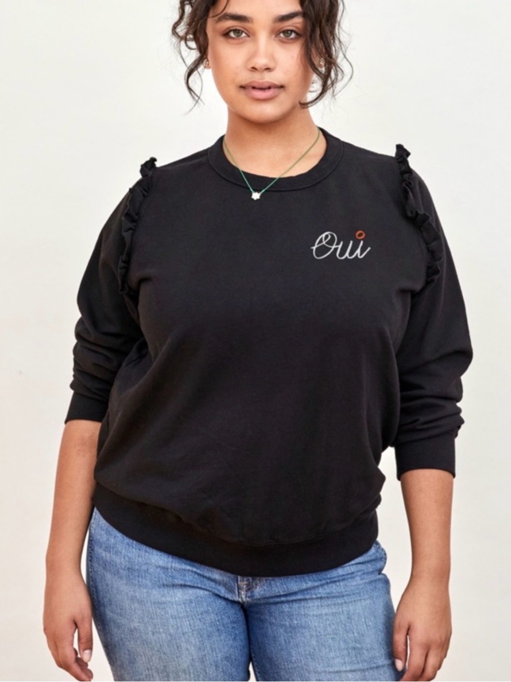 Clare V Black 'Oui' Ruffle Shoulder Sweatshirt size XL